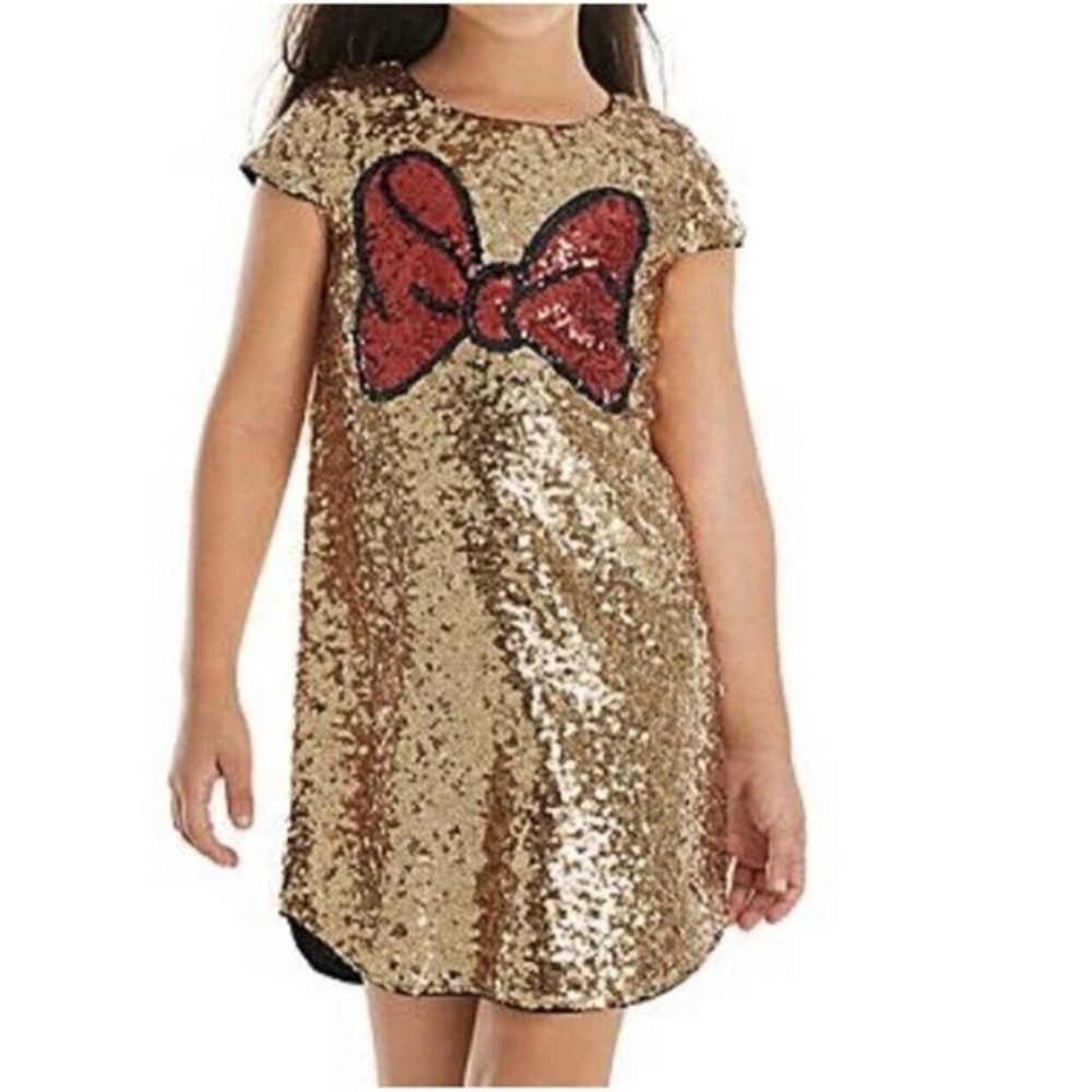 Disney Gold Red Sequins Minnie Mouse Bow Short Sleeve Sparkly Dress - Picture 1 of 10